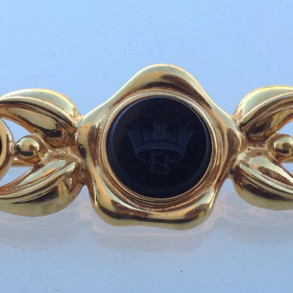 Fendi Brooch Victorian Revival Bar Rhodium Gold Intaglio Logo + Onyx Cabochons